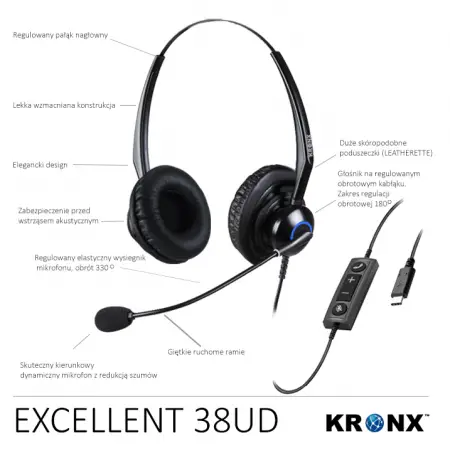KRONX EXCELLENT 38UD USB przewodowa słuchawka nagłowna na dwoje uszu